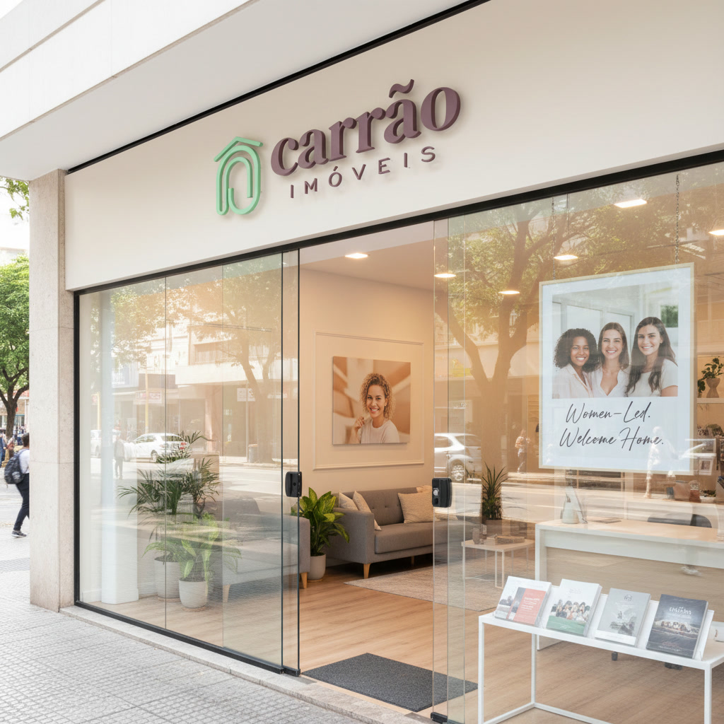 gemini 2.5 flash image modern real estate office storefront mockup brand name Carrao Imoveis feminine 0